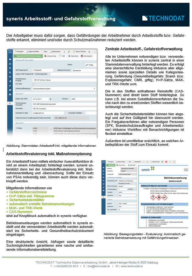 Flyer Arbeitsstoff-, Gefahrstoffverwaltung mit syneris